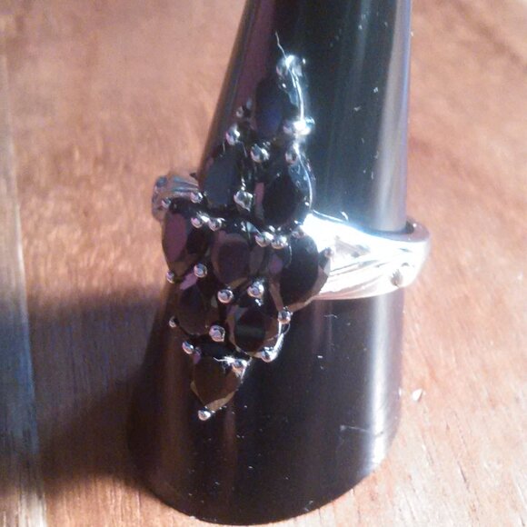 Elongated Design Thai Black Spinel Stainless Steel Cluster Ring (Size 9) - Picture 9 of 10